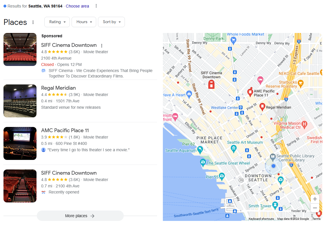 Online reviews for movie theaters as seen in Google’s Local Pack