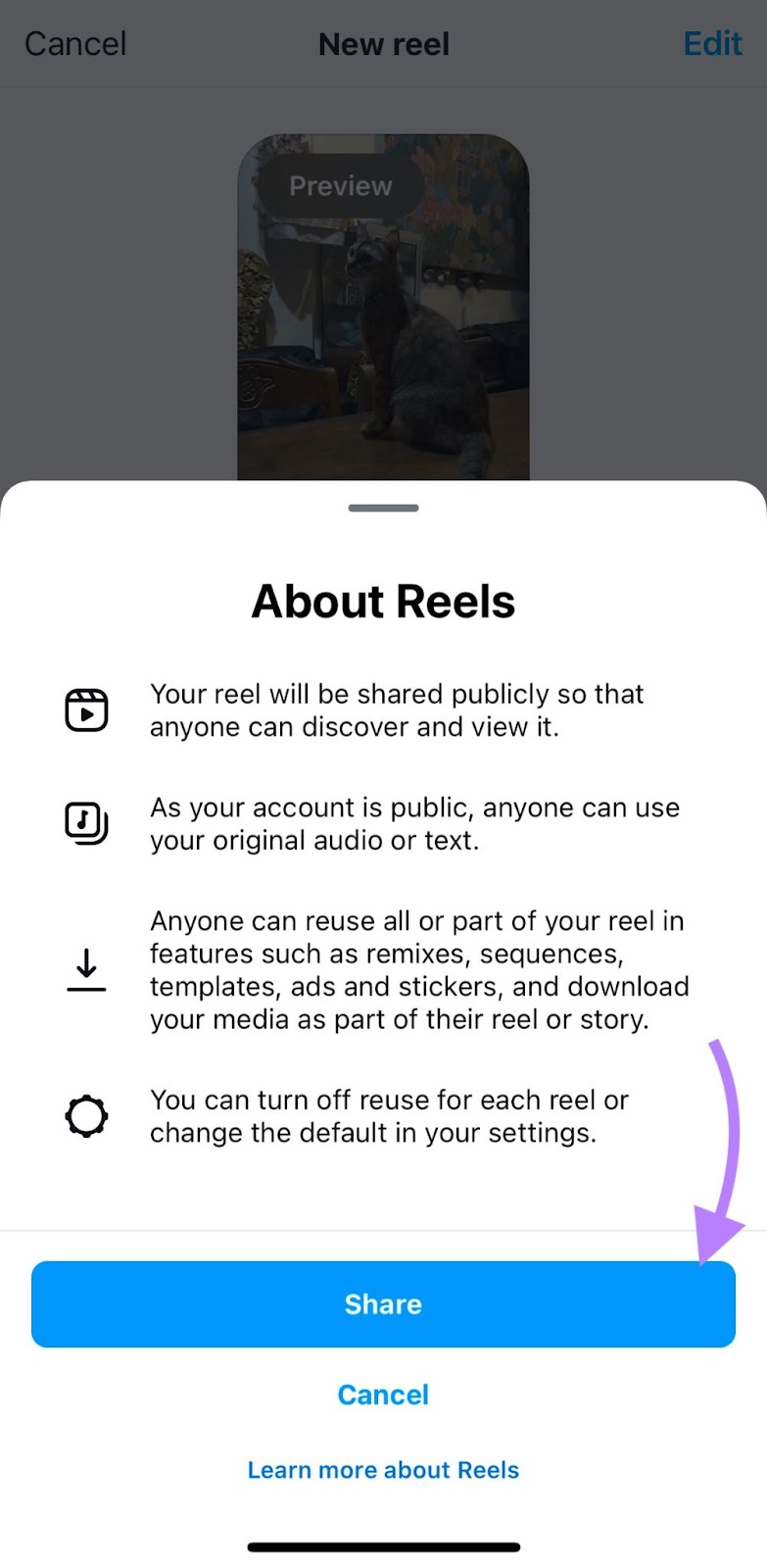 The final window before publishing a new reel on Instagram with the "Share" button highlighted.