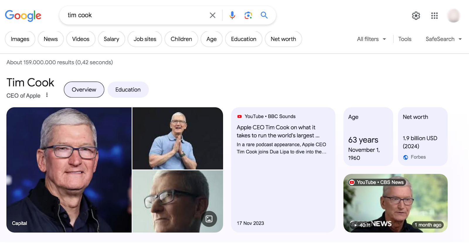 Google's knowledge graph result for “tim cook" query