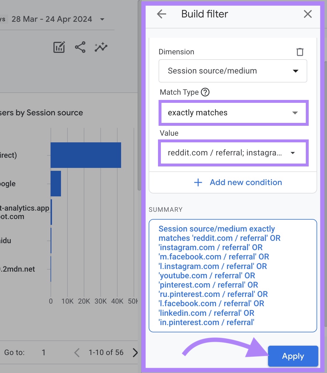 Selecting lucifer  benignant   and worth  connected  a filter to spot    which societal  media platforms are driving postulation   connected  GA4.