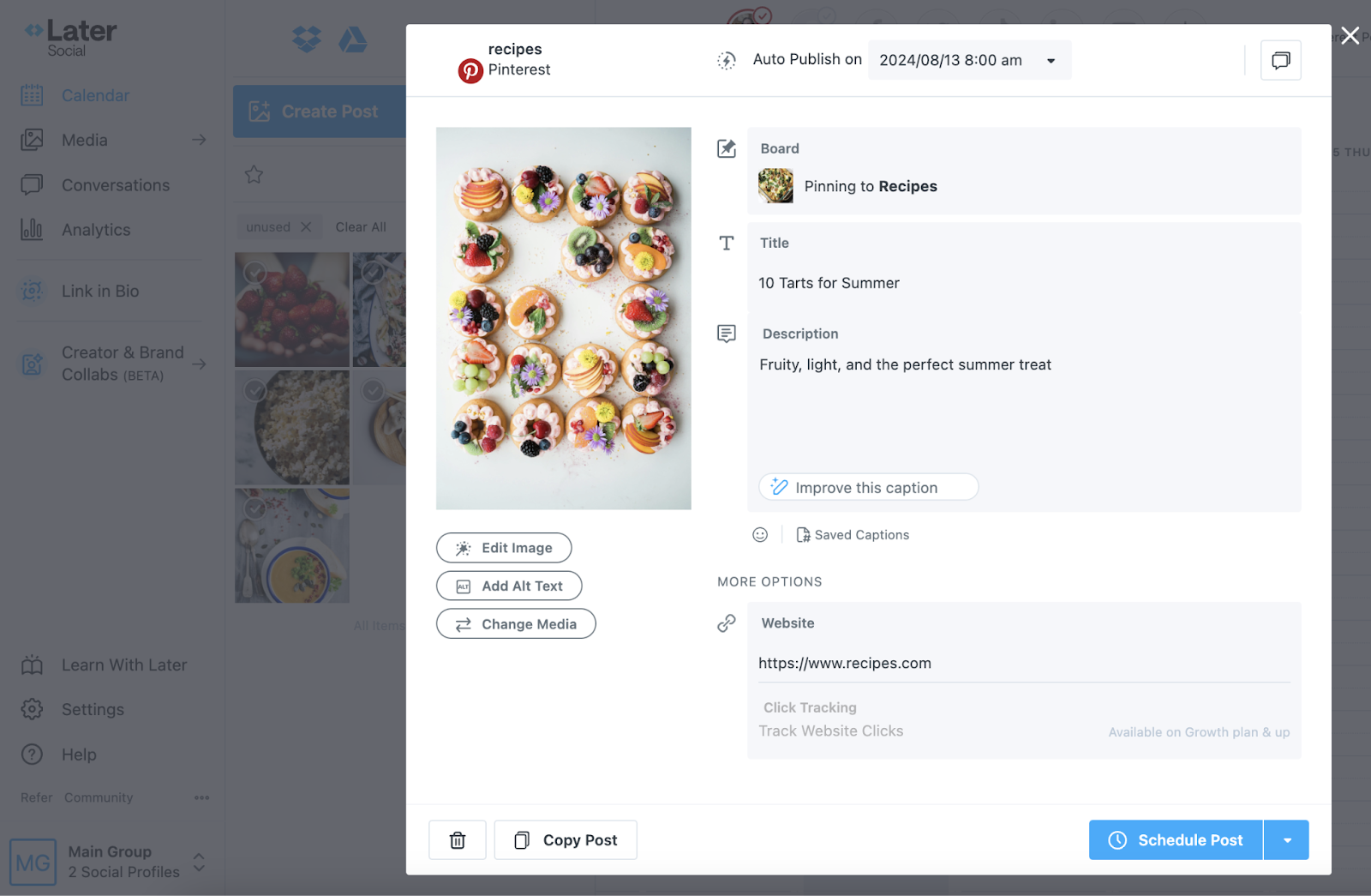 pinterest post draft in later's social media tool