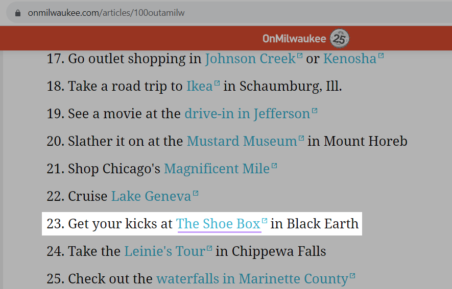 A backlink from an article on a news publication to "The Shoe Box"