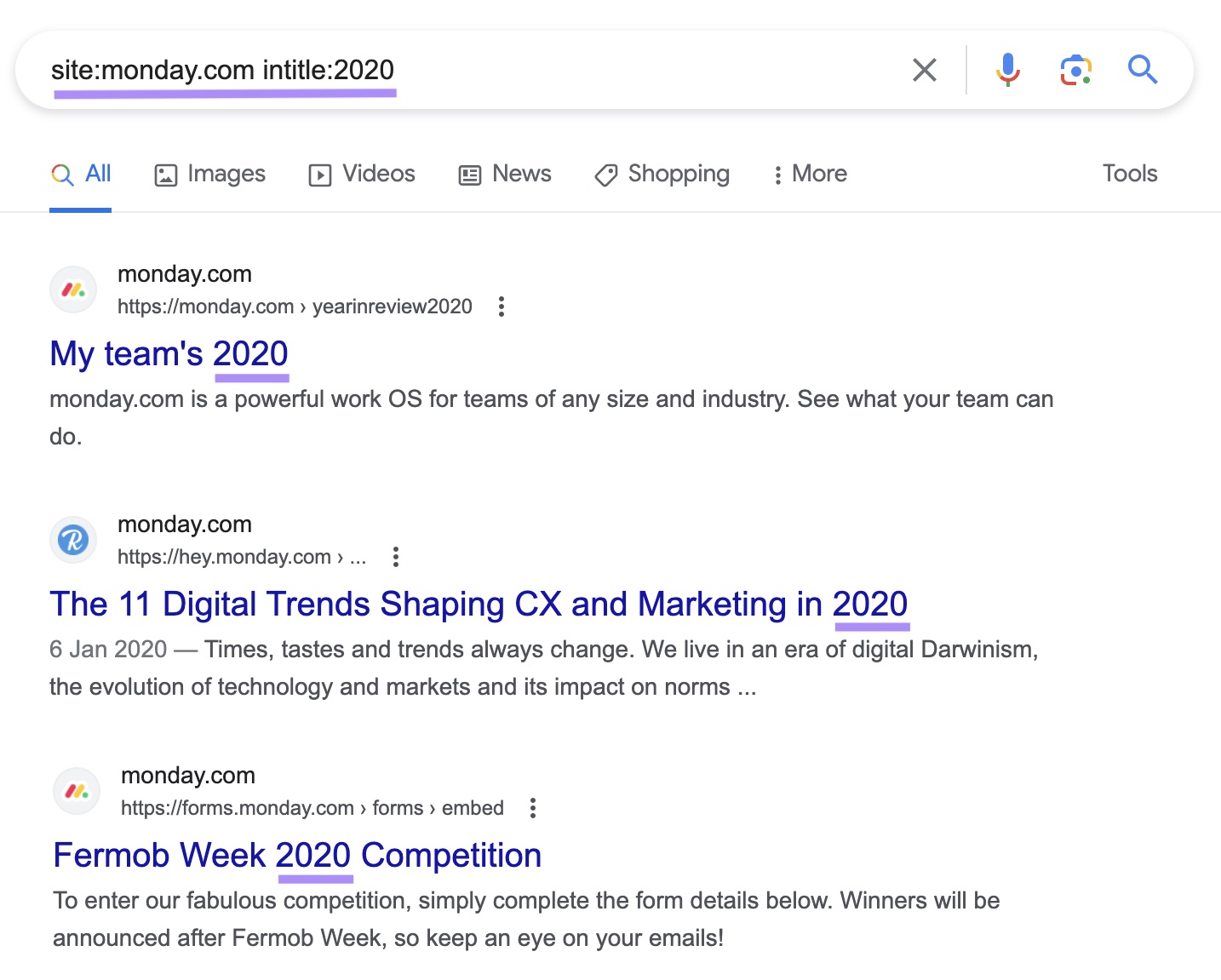 Google's SERP for “site:monday.com intitle:2020” search query