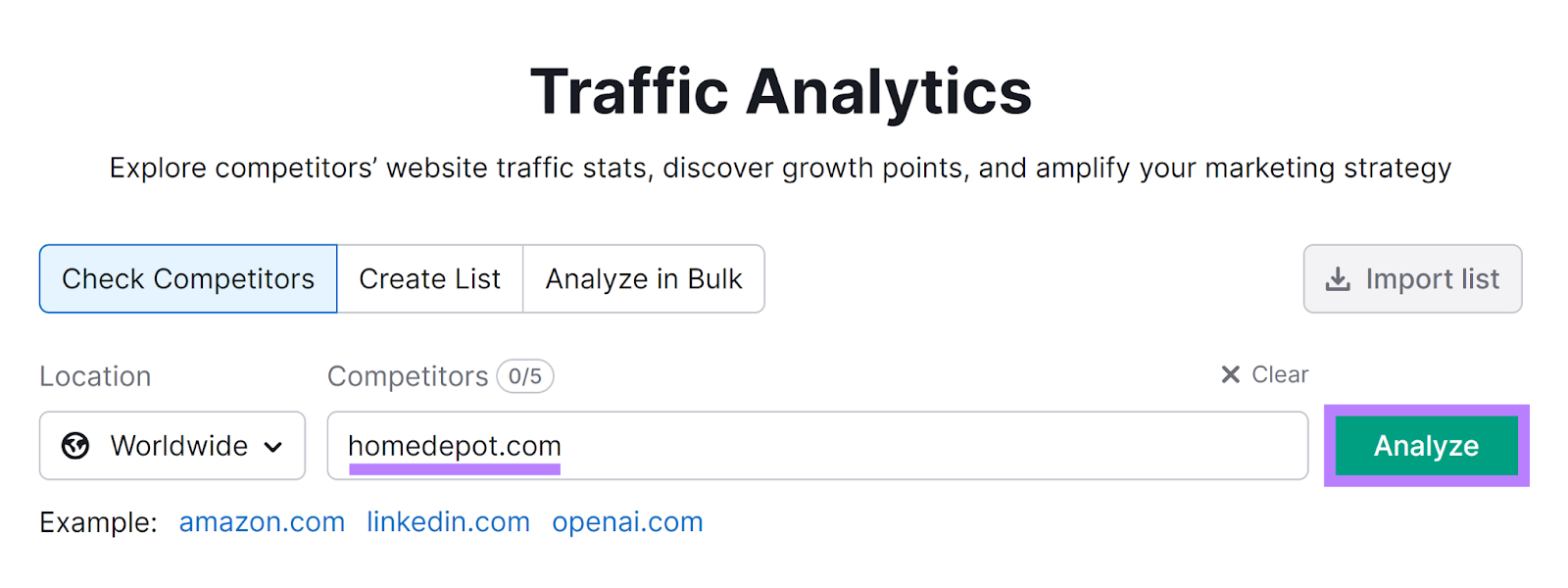 Semrush Traffic Analytics tool start with domain and Analyze button highlighted