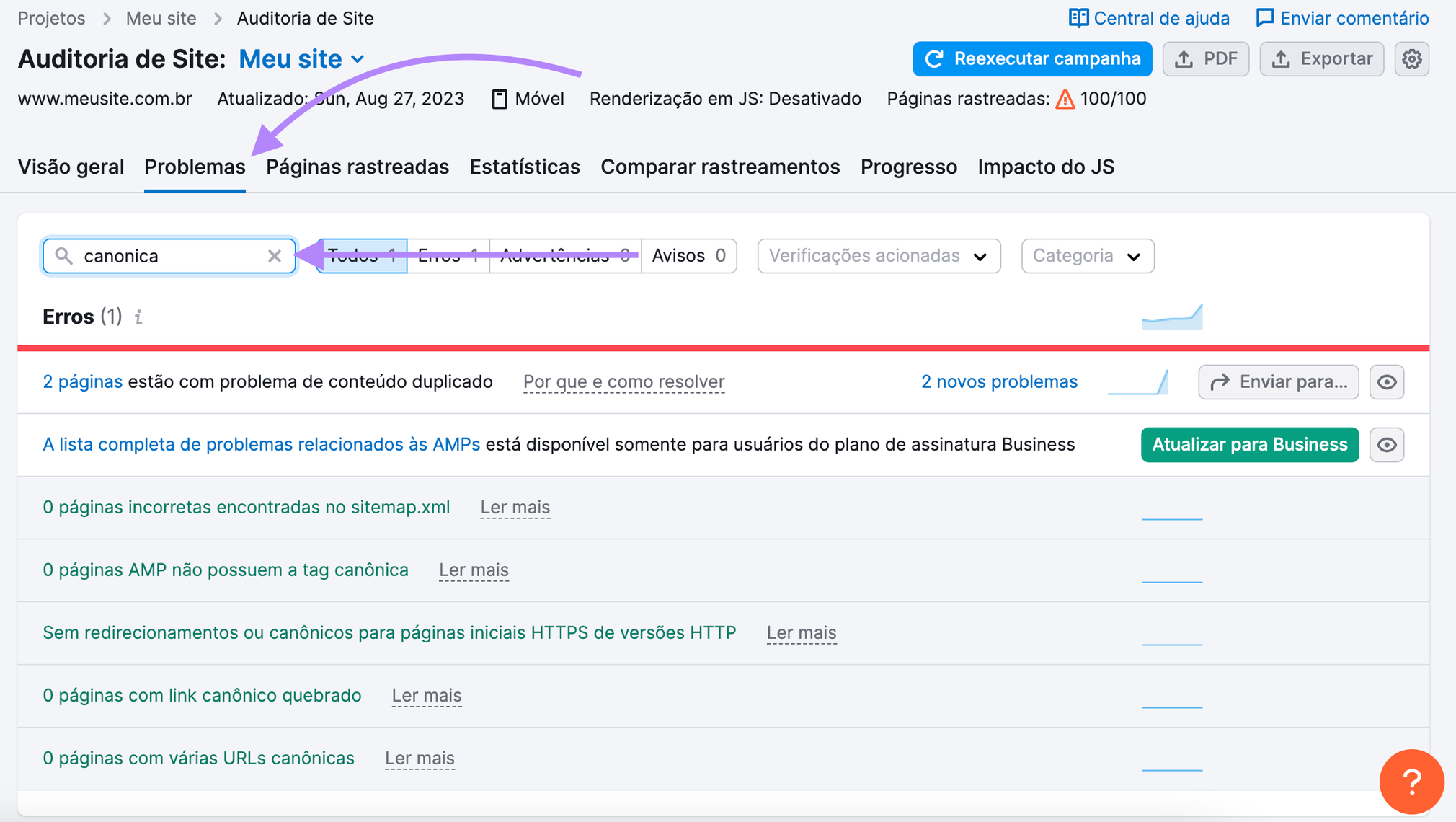 busca "canônica" em na aba "problemas" em Auditoria do site