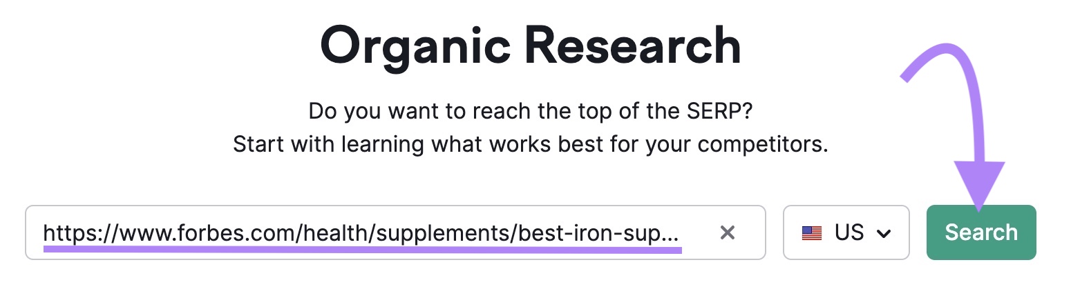 Forbes' page URL for best iron supplements entered into the Organic Research tool