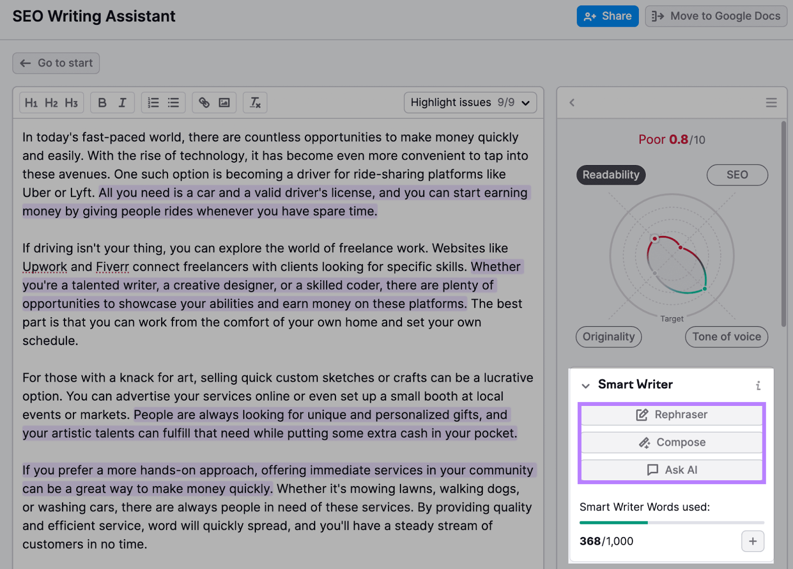 "Smart Writer" feature highlighted on the right side in SEO Writing Assistant editor
