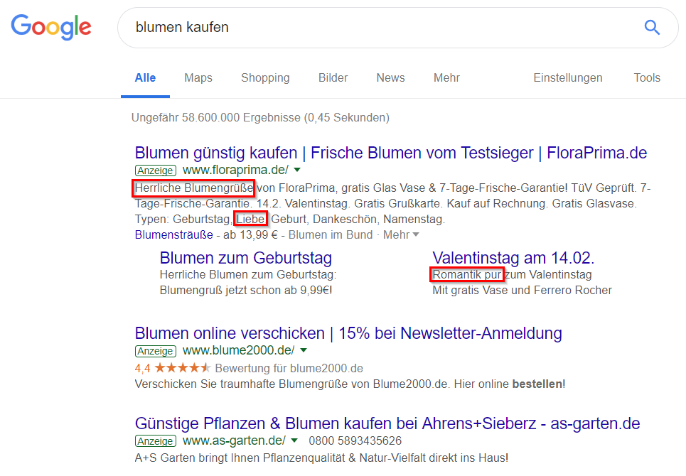 Google-Anzeigen für 'Blumen kaufen'