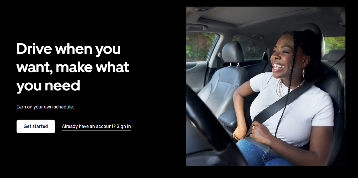 Uber's landing page with "Drive when you want, make what you need" headline