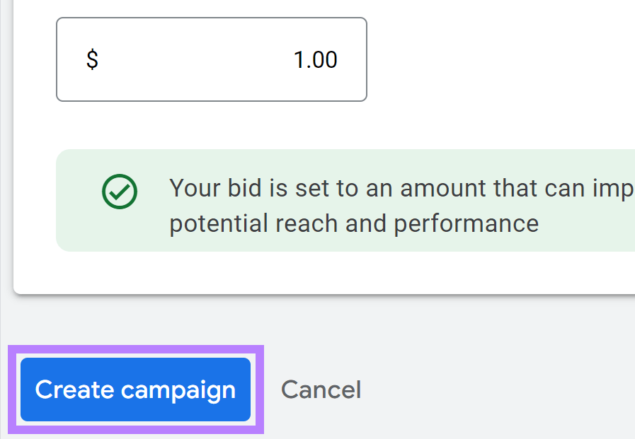 “Create campaign” button in Google Ads