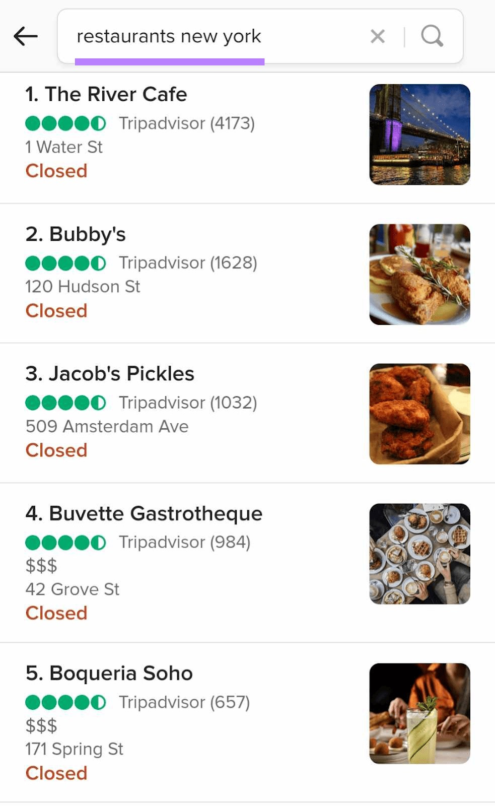 Los resultados de DuckDuckGo para "restaurante nueva york" incluyen reseñas de Tripadvisor
