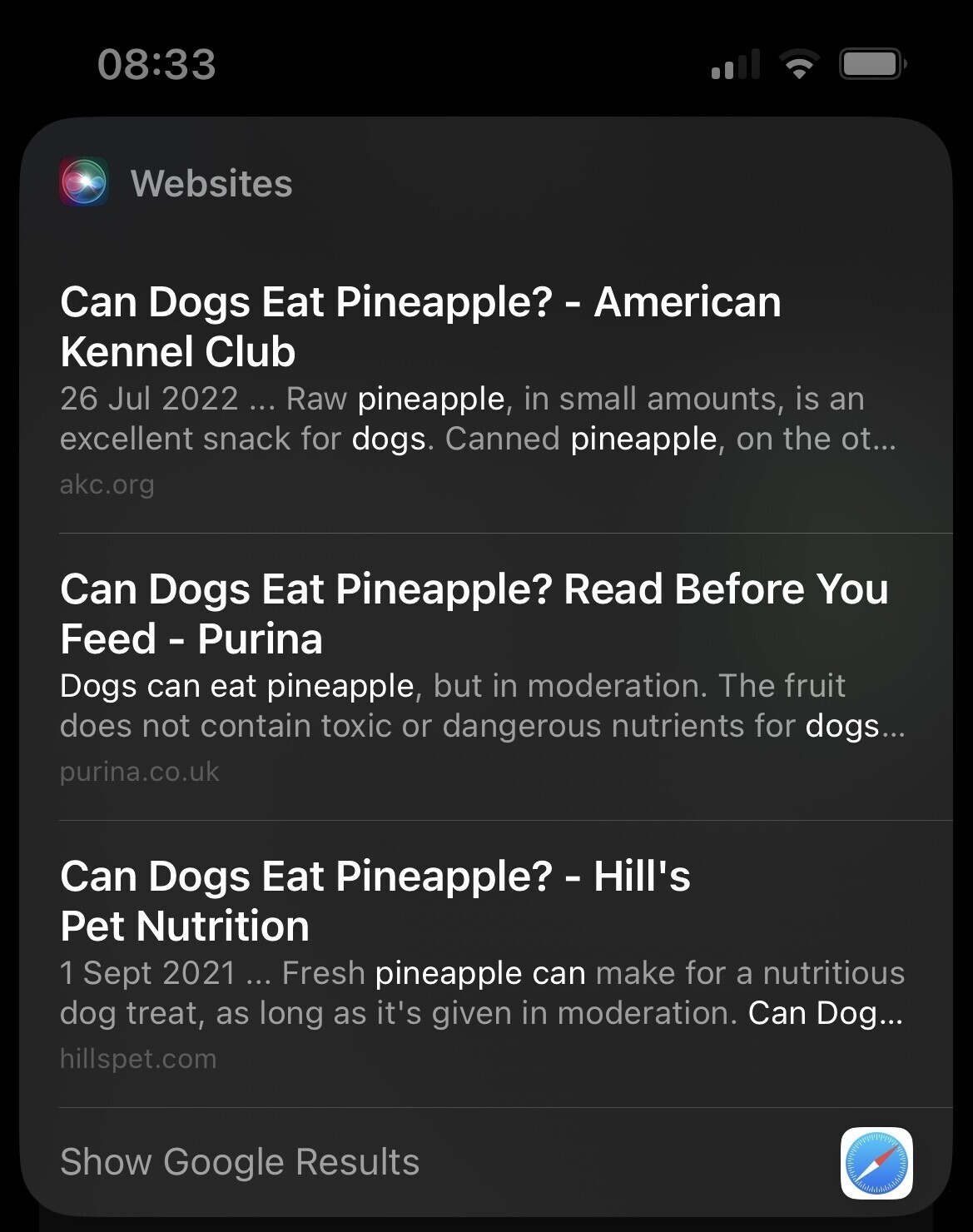 Siri's results for “Hey Siri, can dogs eat pineapple?”