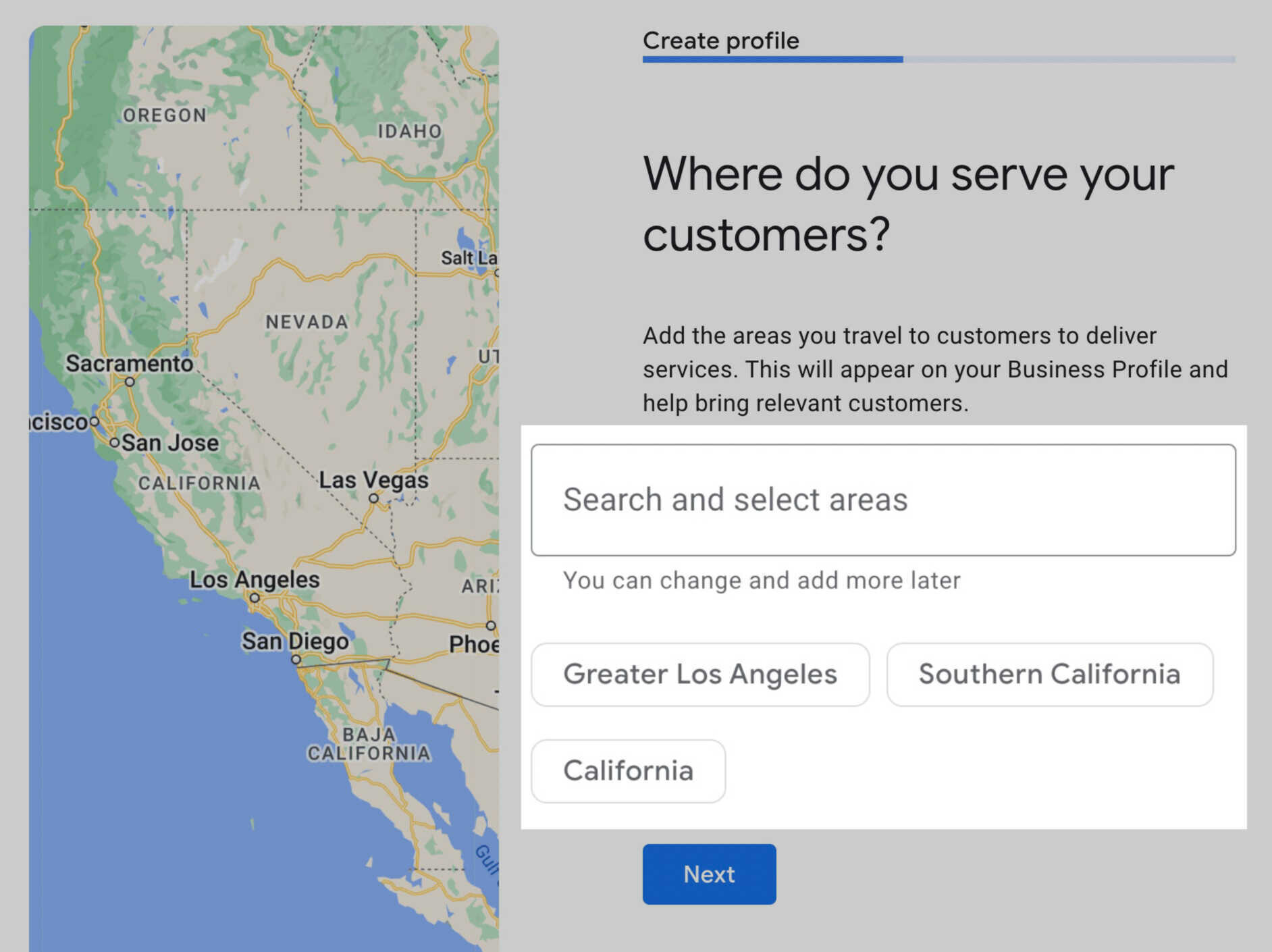 search and select business areas from Google's suggestions