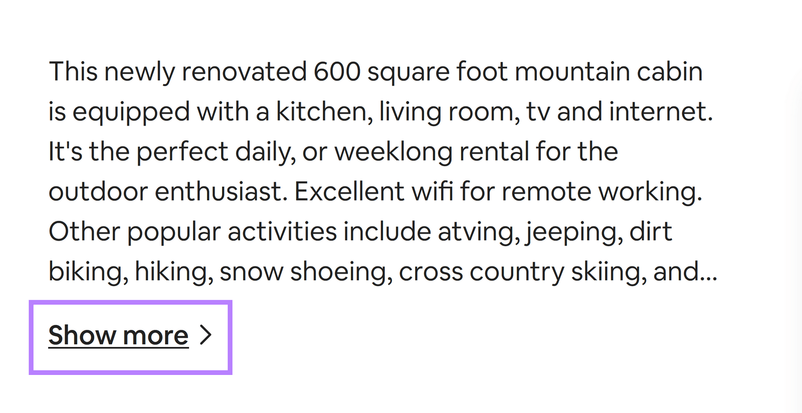“Show more” button highlighted under the description in the main listing