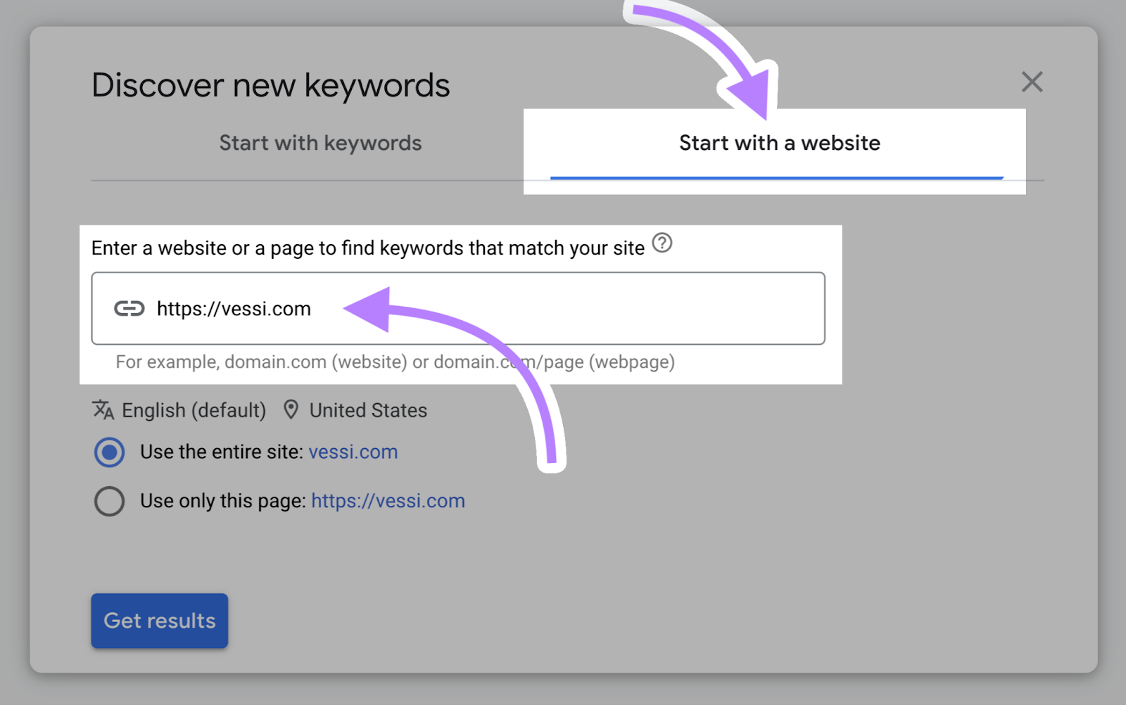 “Start with a website” tab in Keyword Planner