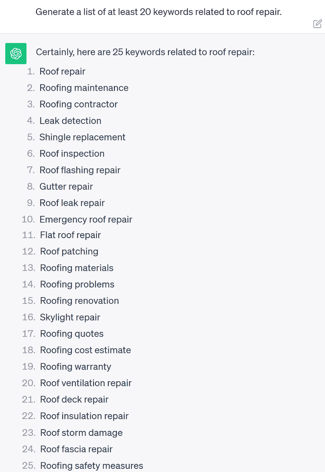 A prompt asking ChatGPT to generate at least 20 keywords related to roof repair