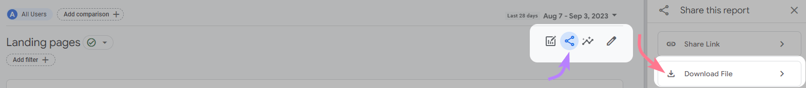 Share icon and "Download file" button highlighted in Google Analytics