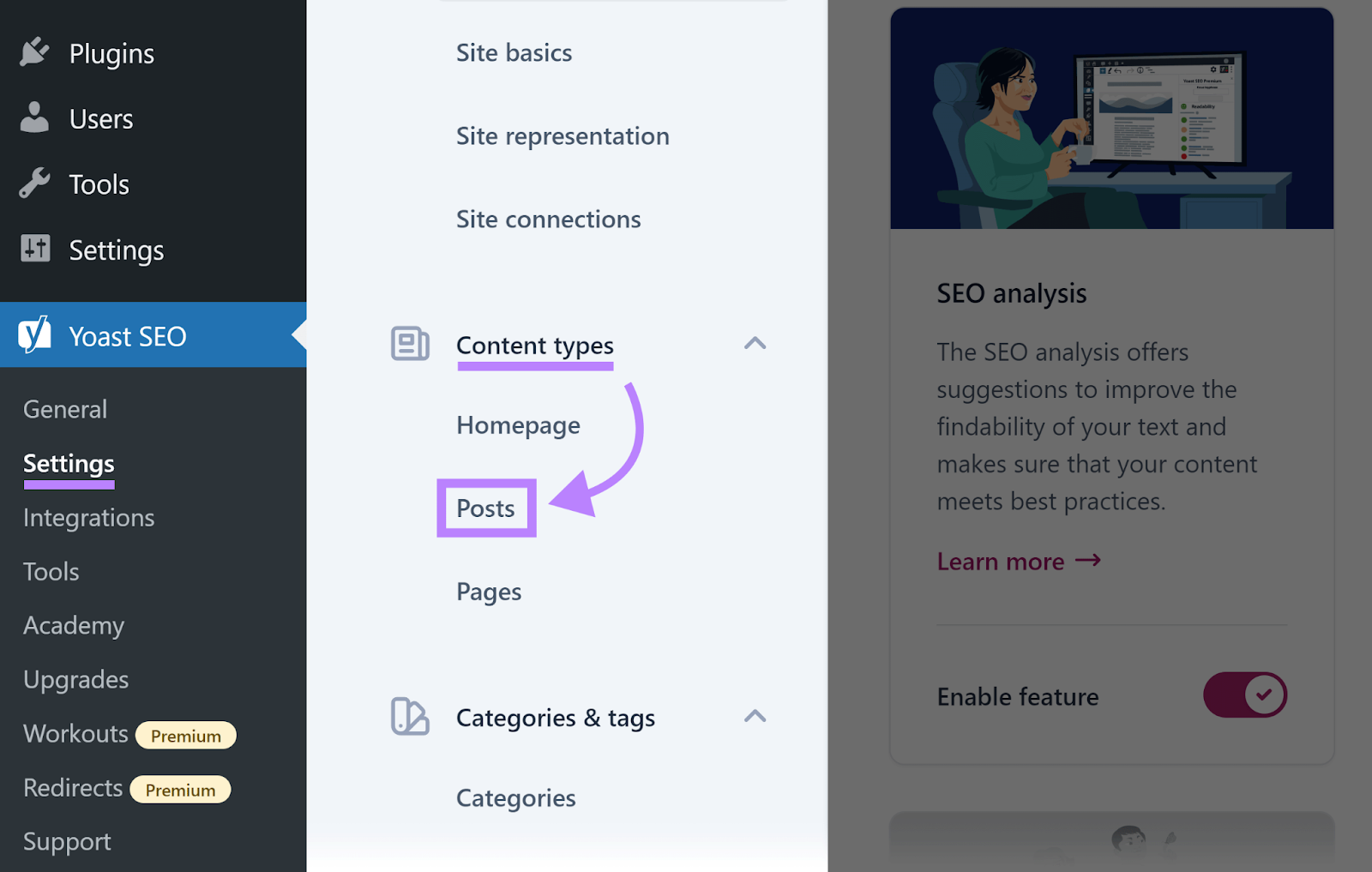 Yoast SEO Settings page in WordPress with arrow pointing from 'Content types' to 'Posts' sub-menu item