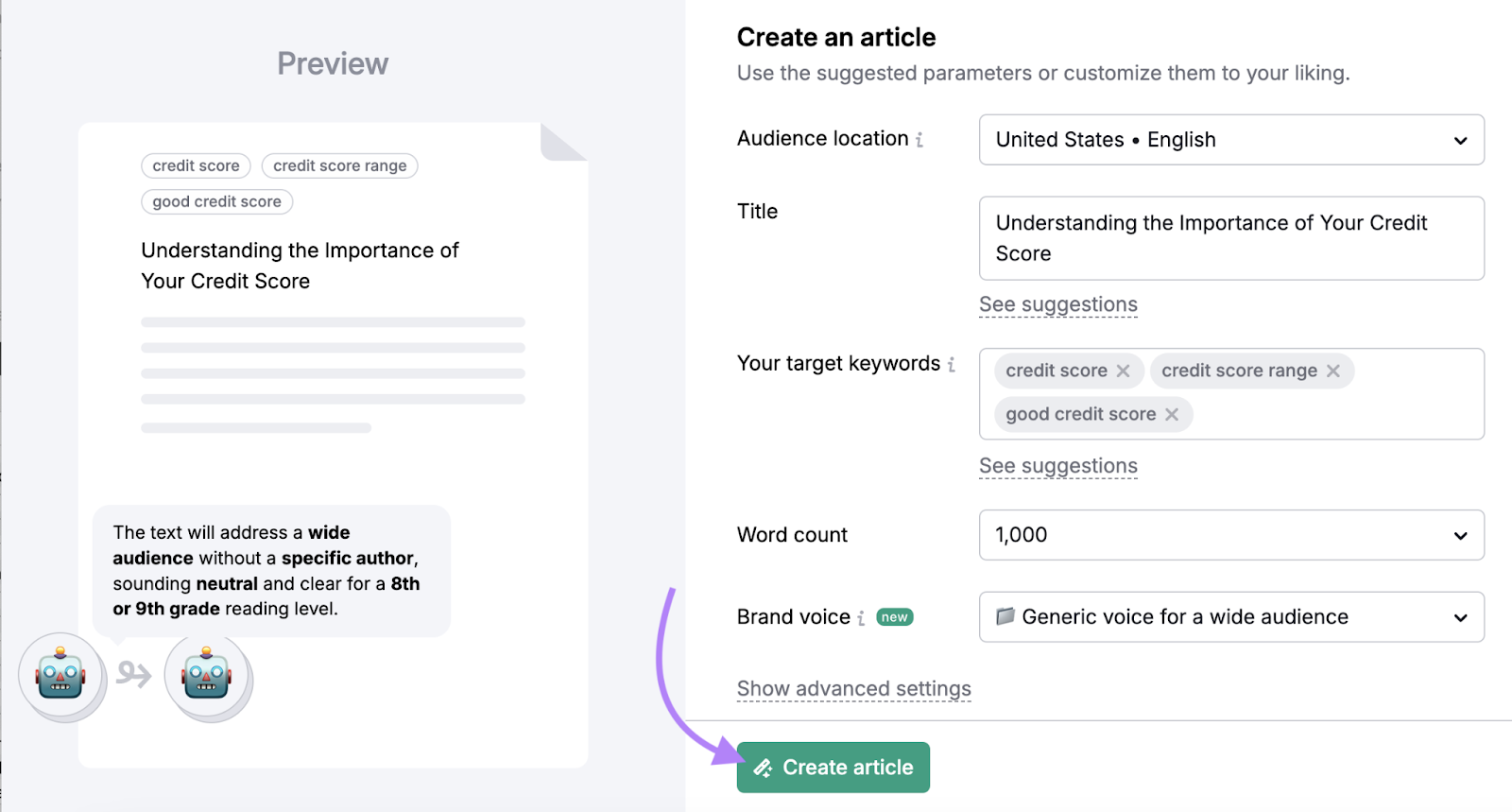 Article settings include SEO boost, audience location, target keywords, word count, and brand voice.