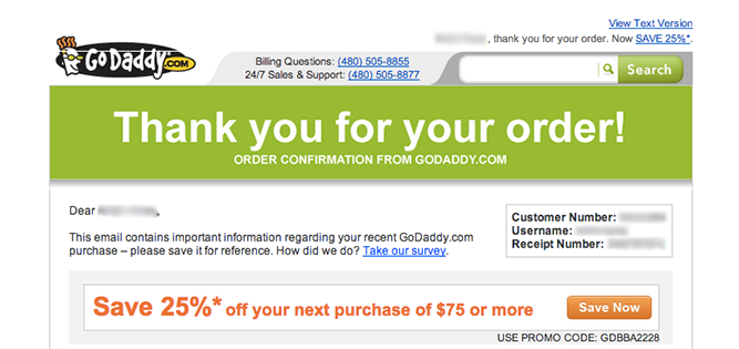 Go-daddy order confirmation example