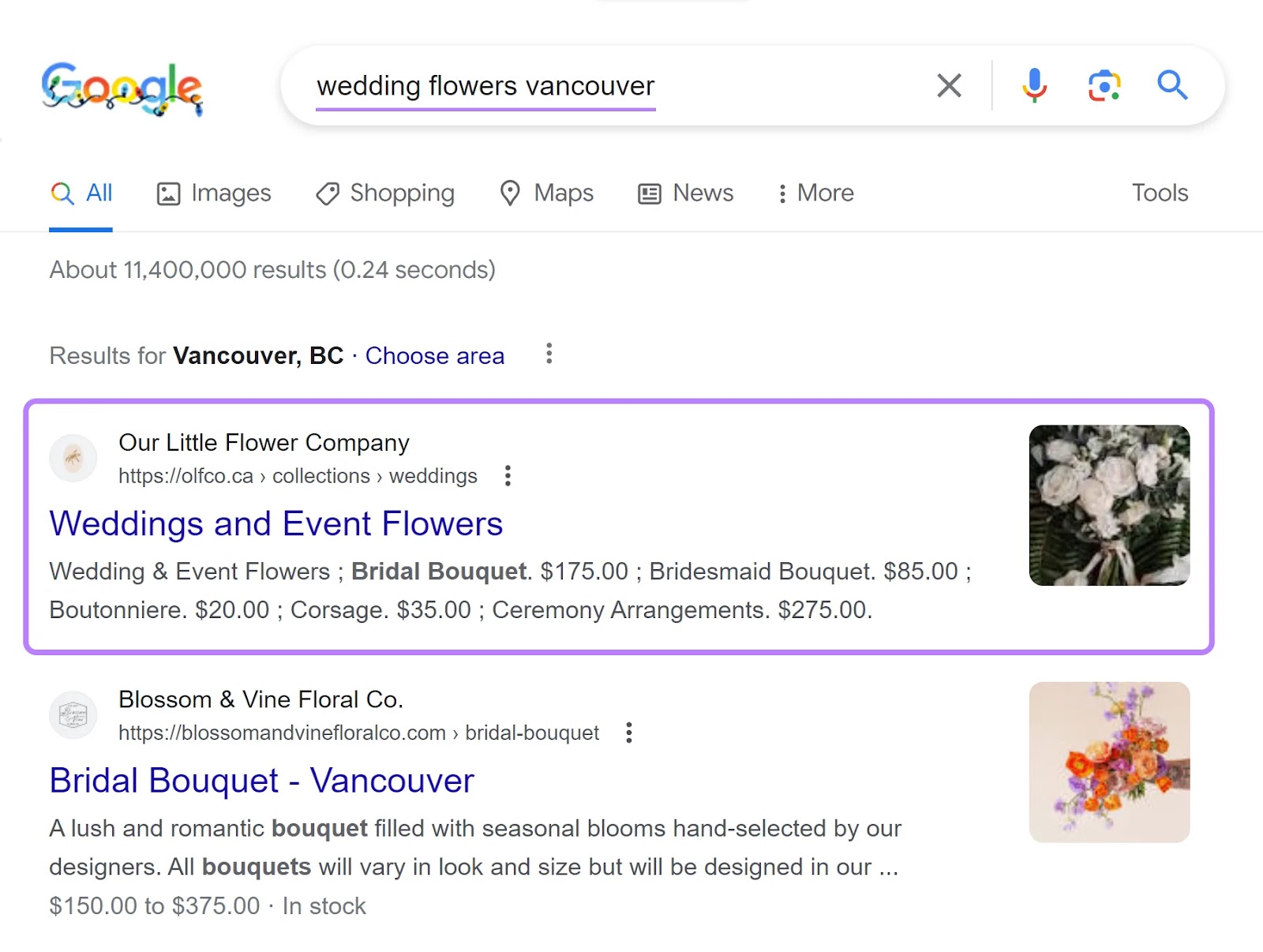 Google search results for "wedding flowers vancouver"