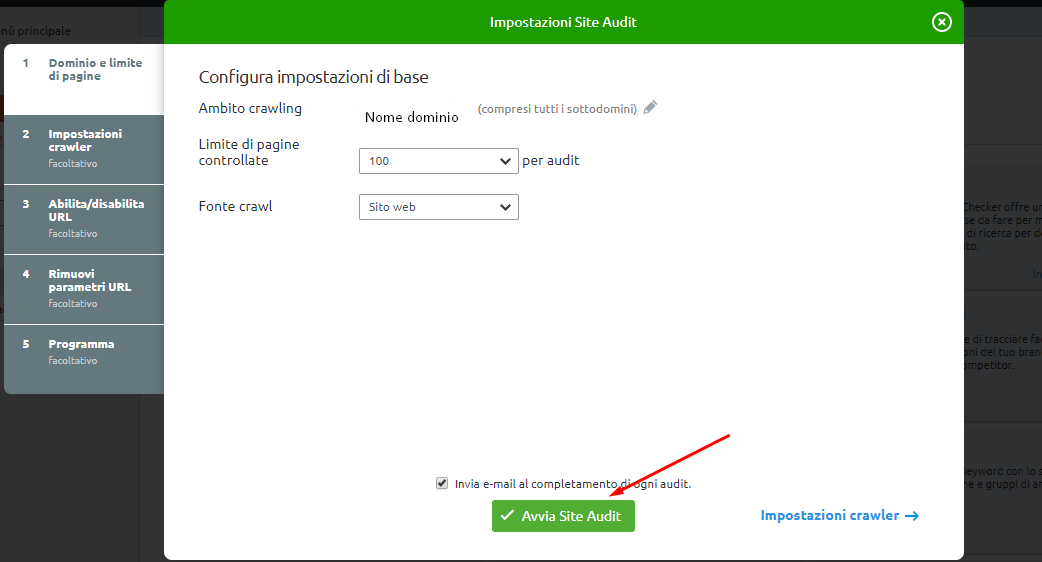 Impostazioni per avviare Site audit di SEMrush