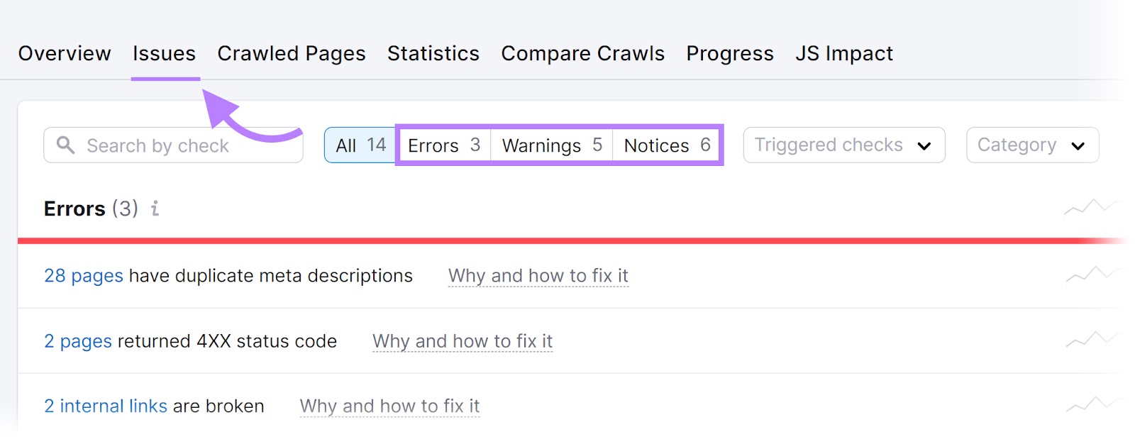 "Issues" tab of the Site Audit tool with the "Errors", "Warnings", and "Notices" filters highlighted.