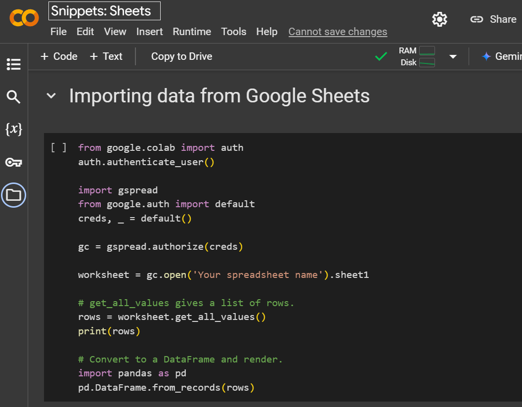 Google Colab illustration shows importing accusation from Google Sheets.