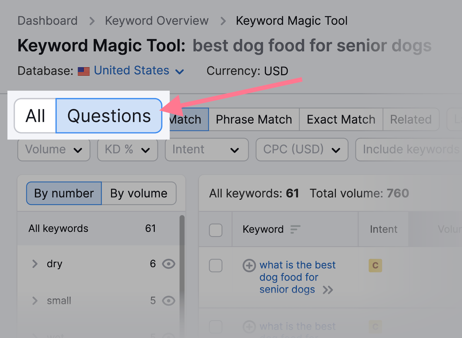 keyword magic tool questions button