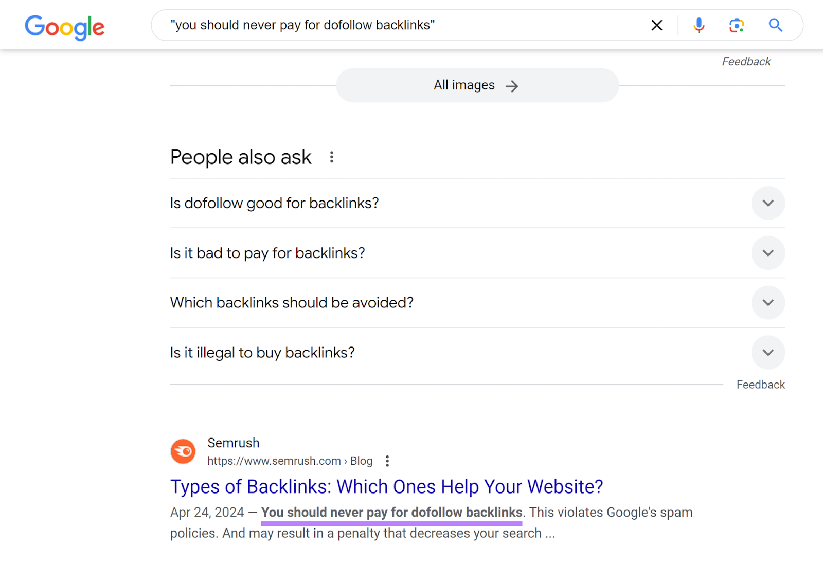 Google SERP for "you should never pay for dofollow backlinks" with exact-match results highlighted