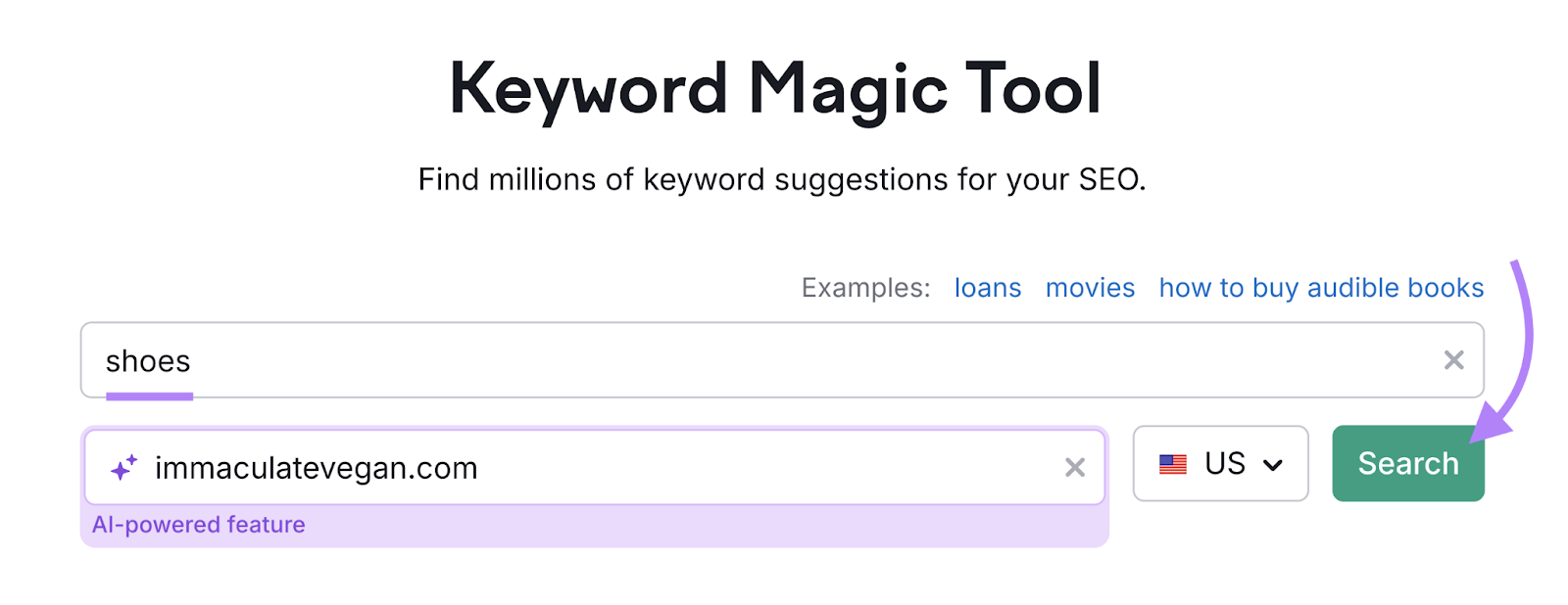 search for keyword with domain entered into Keyword Magic Tool