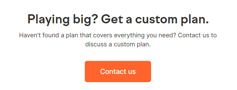 Semrush webpage section for the custom plan option showing the "Contact us" button.