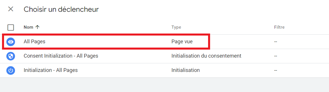 Toutes la pages comme déclencheur de balise