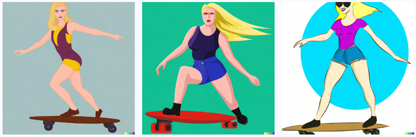 DALL-E 2 results for “drawing of a blonde woman riding a longboard” prompt