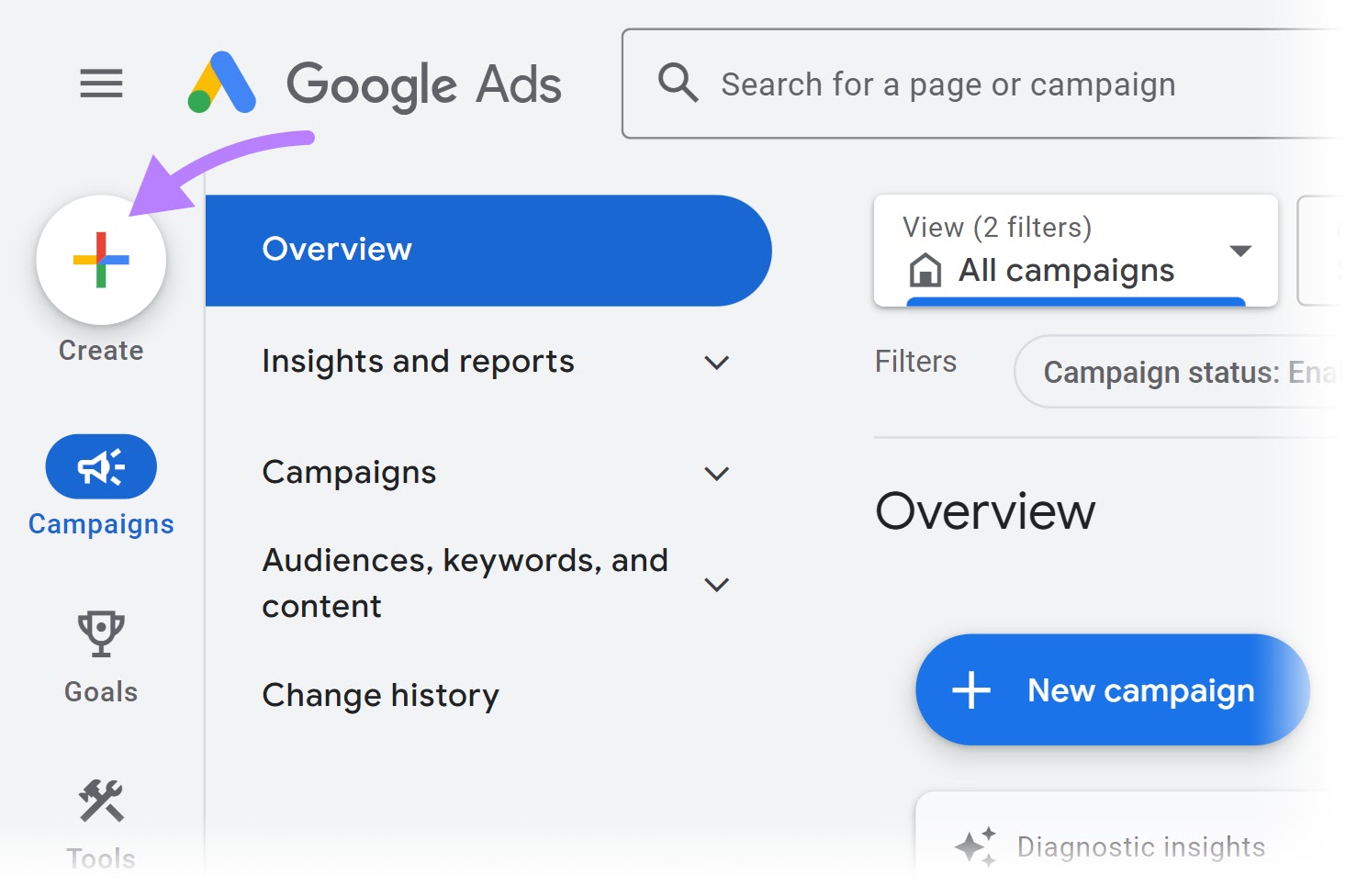 "Create" button in Google Ads account