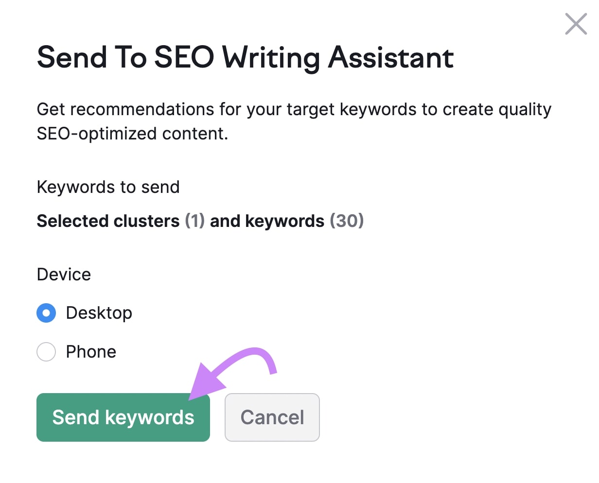"Sent To SEO Writing Assistant" pop up window