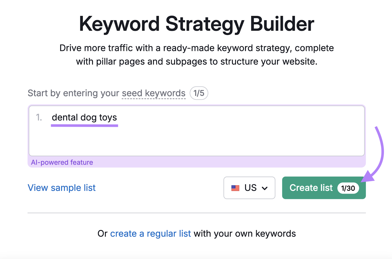 "dental dog toys" entered into Keyword Strategy Builder