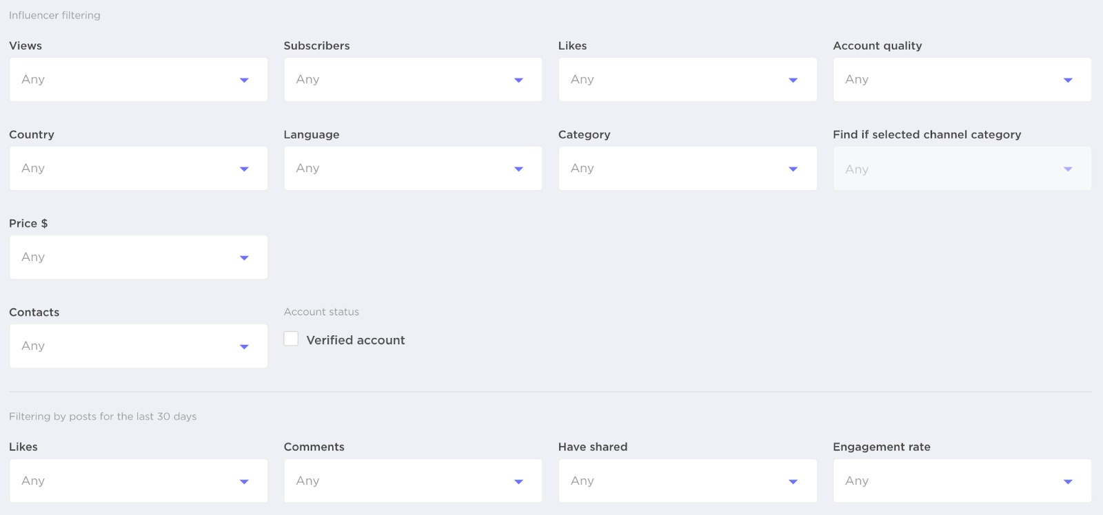 Influencer filters section in Influencer Analytics