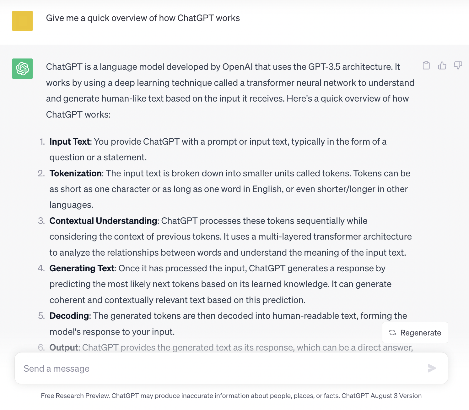 ChatGPT response to “Give me a quick overview of how ChatGPT works" prompt