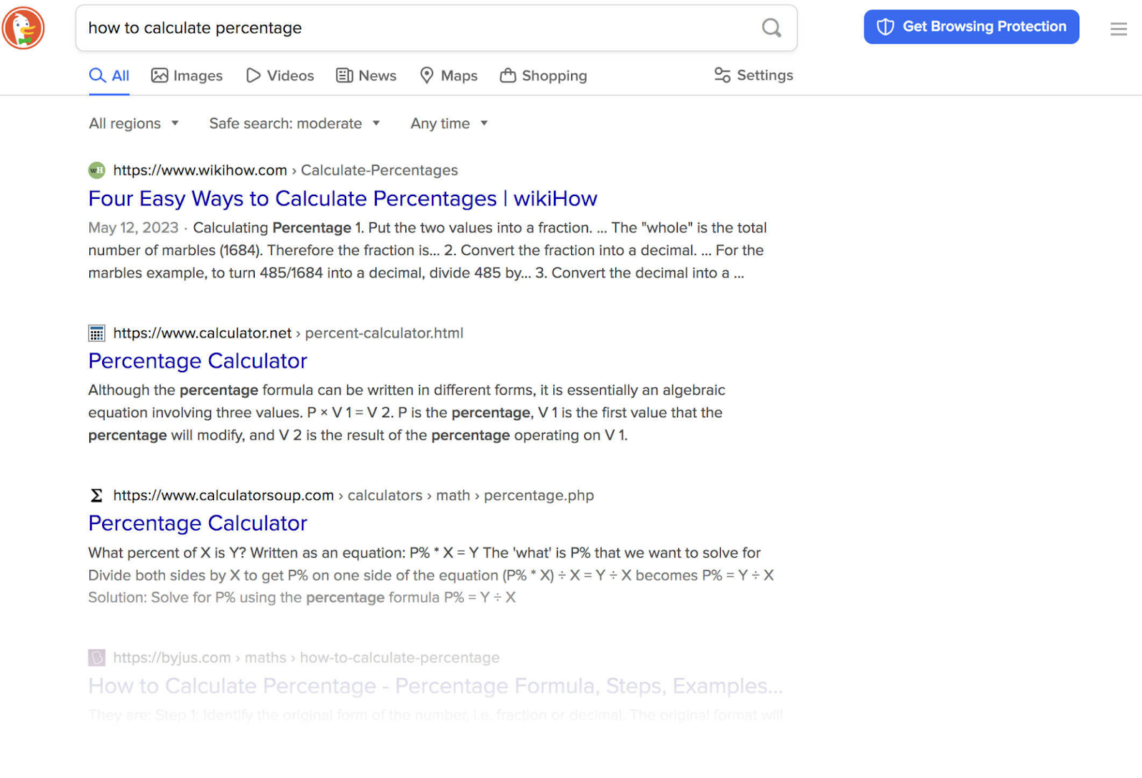 DuckDuckGo’s search results for "how to calculate percentage"
