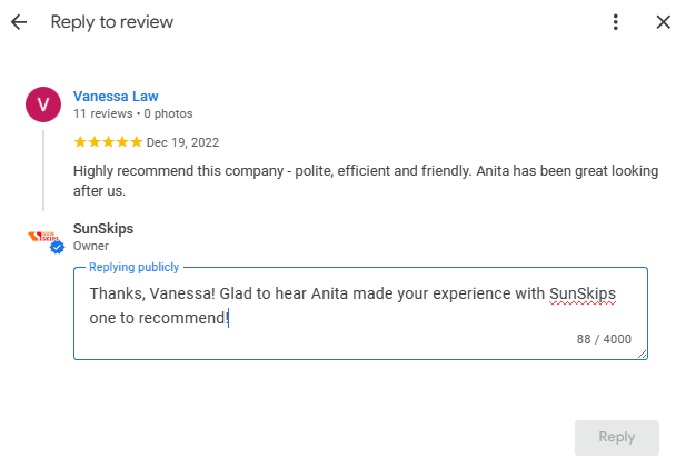 Replying to a review in the GBP dashboard