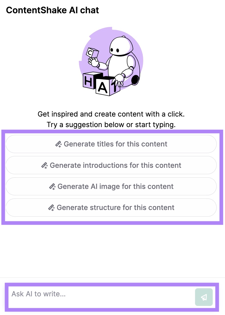 ContentShake AI chat with the search bar and the list of suggested prompts highlighted.