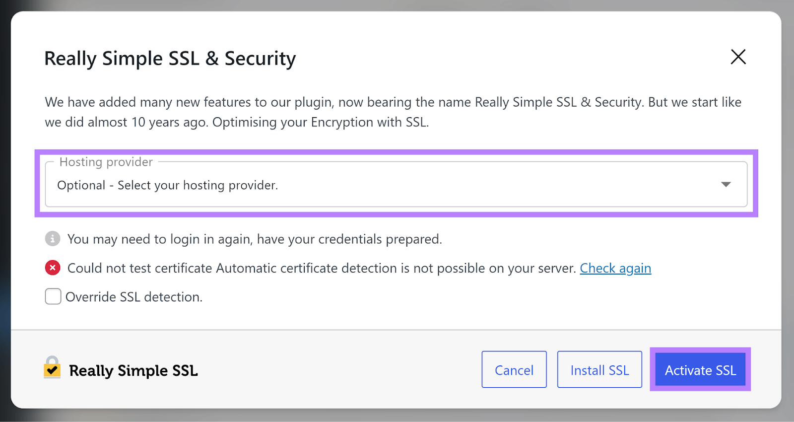 Really Simple SSL & Security popup with Hosting provider dropdown and Activate SSL button highlighted