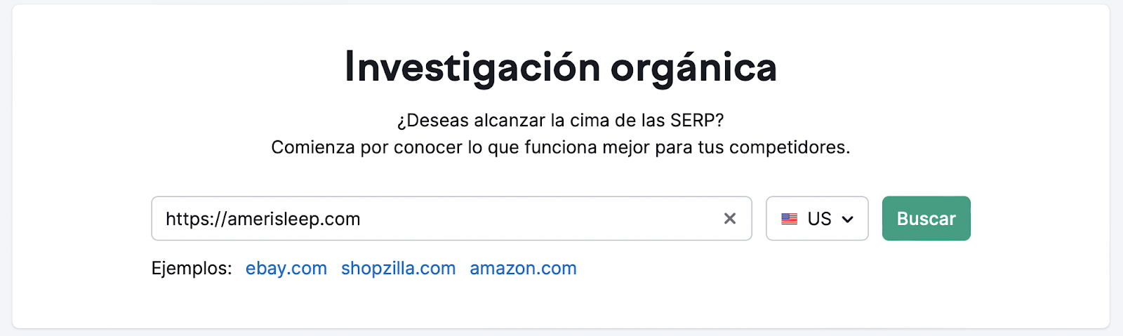 Para comprobar el contenido comercial de un competidor, puedes introducir su dominio en la herramienta Investigación Orgánica