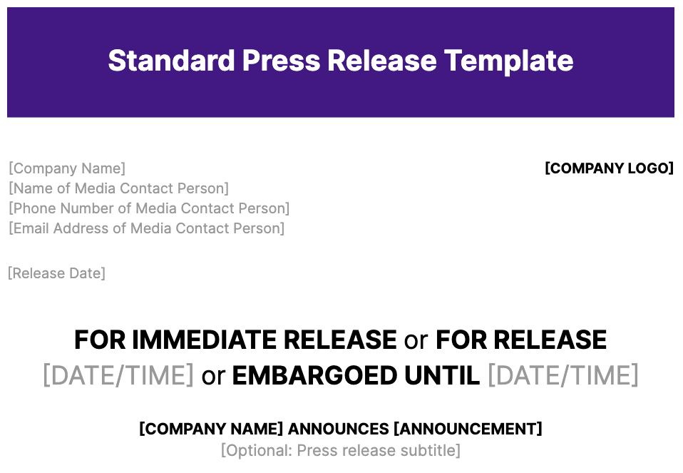 press release headline placed below the contact information and release guidelines