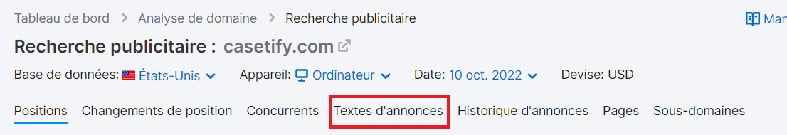 Recherche publicitaire - onglet Textes d'annonces