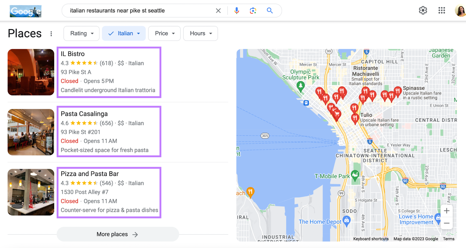 Business details highlighted below local pack results