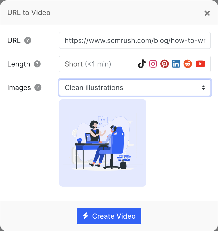 The URL to Video option requires you to fill out three fields: URL, Length, and Images.
