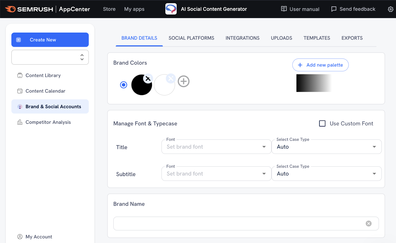 brand details tab in ai social content generator tool includes brand colors, typecase, and more