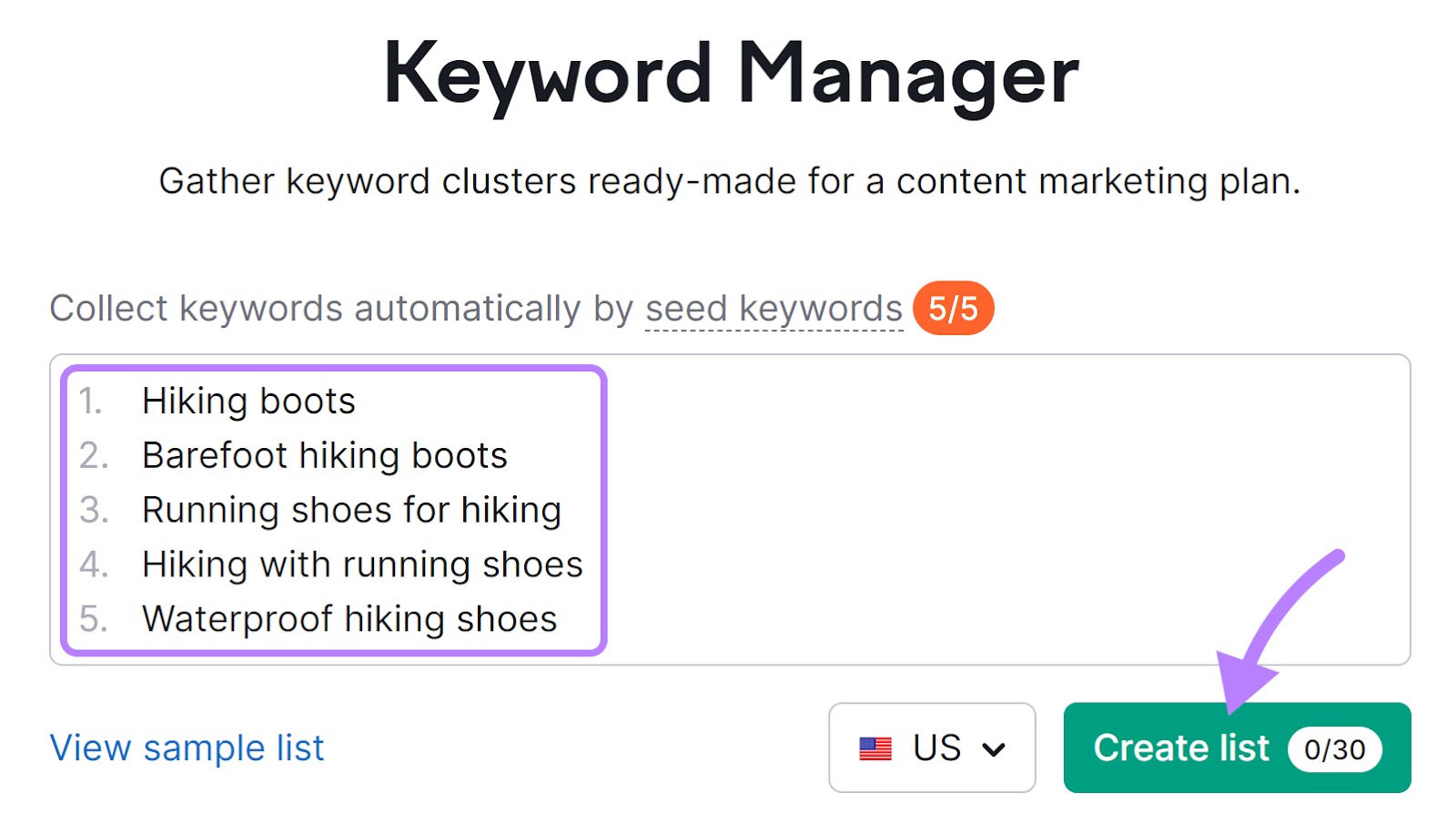 hiking boots, barefoot hiking boots, running shoes for hiking, hiking with running shoes, and waterproof hiking shoes entered into the Keyword Manager tool